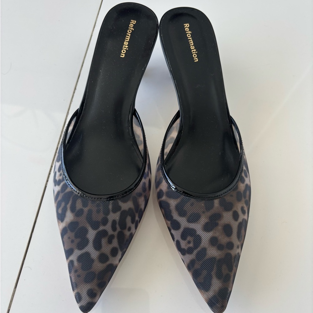 Reformation Leopard Print Pointed Mule Slides in Black and Brown